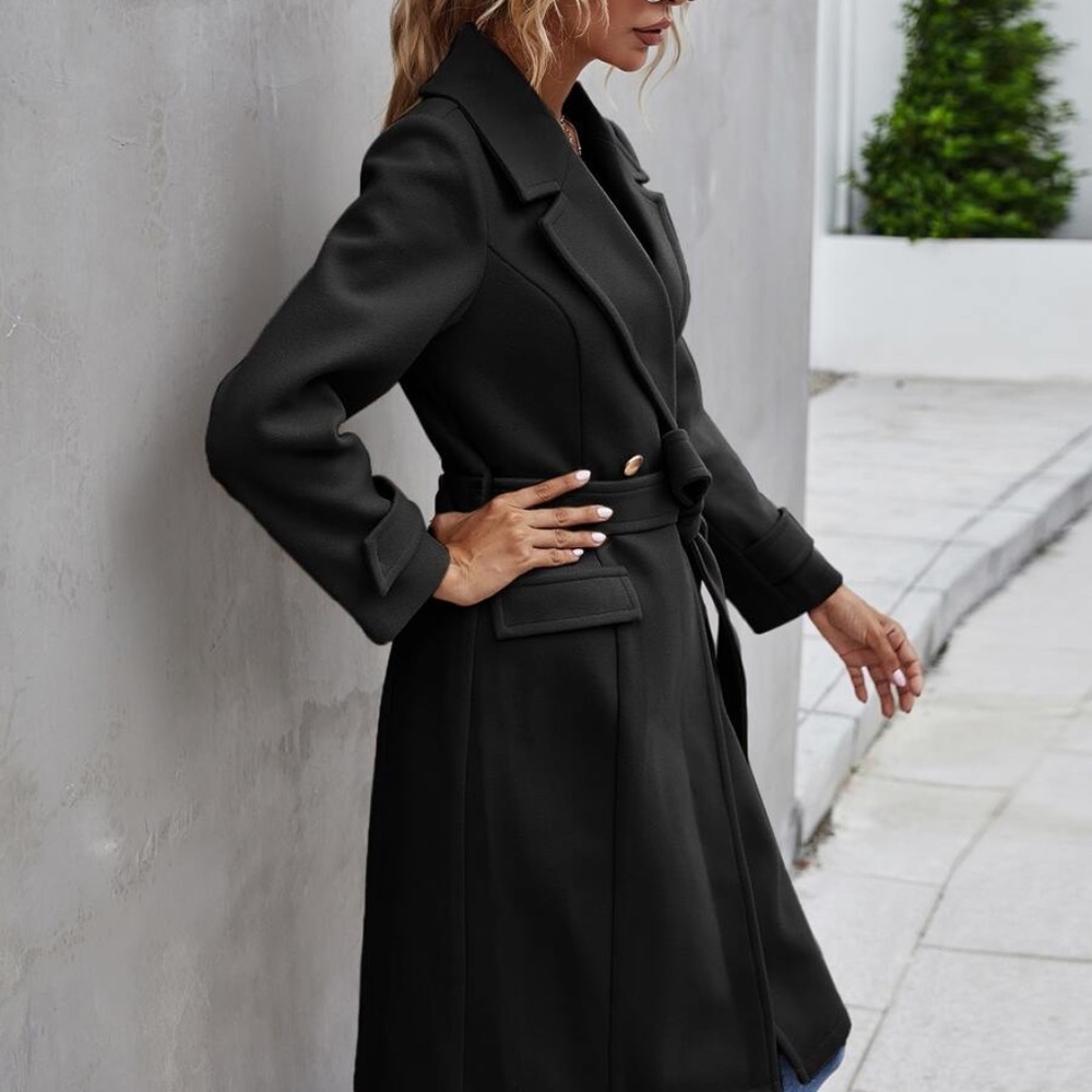 Classic Black Double Breast Buttons Trench Coat Jacket - Picture 6 of 8